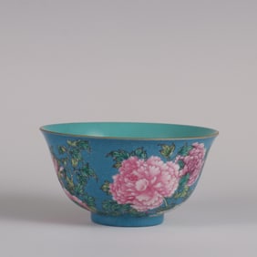 A Rare  Blue Ground Pahua Enameled Peony Pattern Bowl