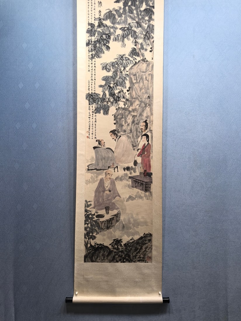 A Chinese Vertical Scroll Ink Painting of Character and Story on Paper,Fu Baoshi: A Chinese Vertical Scroll Ink Painting of Character and Story on Paper,Fu Baoshi,Size:(Without frame)18.1inx70.3in 一幅中国水墨人物故事Ĭ