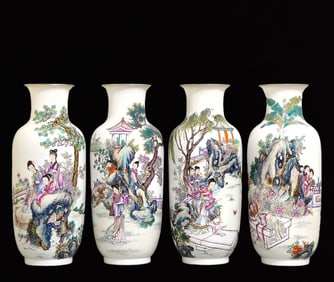 A Set of Fine Famille-Rose Painted Gold Character and Story Pattern Vases,With Poem