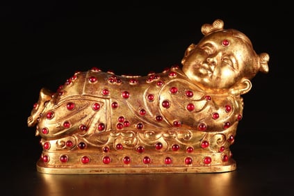 A Rare Gilt Bronze Figure Pillow?Inlaid Gems