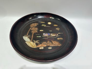A Rare Lacquerware Bamboo and Mandarin Duck Pattern Plate,Inlaid Gems