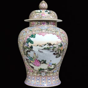 A Huge Enamel Flower, Landscape and Figure Pattern Cover Jar