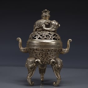 An Exquisite Silver-plated Bronze Elephant Pattern Double-Ears and Tripod Censer