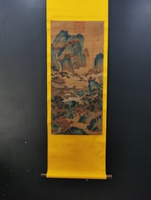 A Chinese Vertical Scroll Ink Painting of Landscape and Figure on Silk,Yao Tingmei