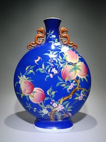 A Huge Famille-Rose Blue Glazed Painted Gold Bats and Peach Pattern Dragon-Ears Vase