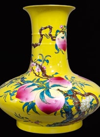 A Huge Famille-Rose Yellow Glazed Bats and Peach Pattern Vase