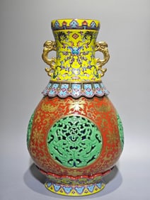 A Rare Enamel Painted Gold Hollow Lotus and Dragon Pattern Double-Ears Vase