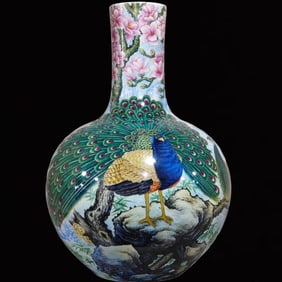 A Huge Enamel Flower and Bird Pattern Vase,With Poem