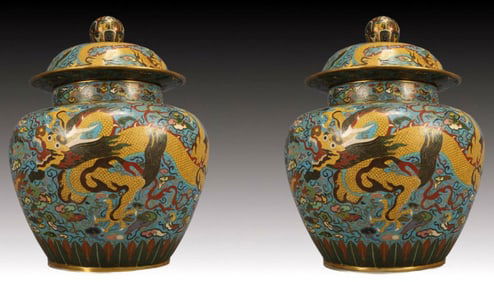 A Pair of Huge Cloisonne Auspicious Cloud and Dragon Pattern Cover Jar,Ming Dynasty, China,Xuande
