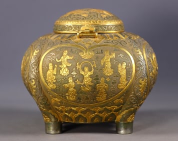 An Exquisite Gilt Bronze Figure and Auspicious Beast Pattern Four Legs Cover Jar