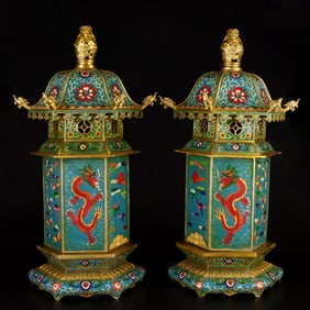 A Pair of Huge Cloisonne Bats and Dragon Pattern Ornaments