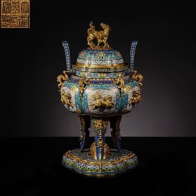 A Huge Cloisonne Lotus and Auspicious Beast Pattern Double-Ears and Tripod Censer,With Beast Cover