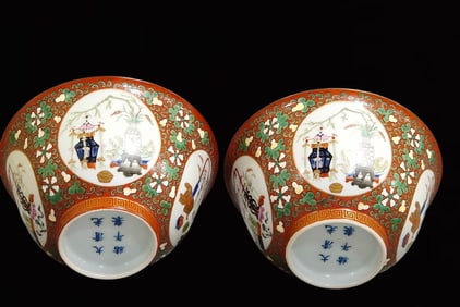 A Pair of Exquisite Coral Red Glazed Gourd Pattern Bowls