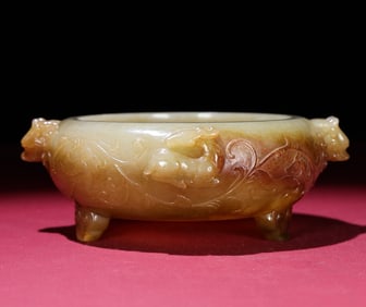An Exquisite White Jade Deer and Bird Pattern Beast-Ears Tripod Censer