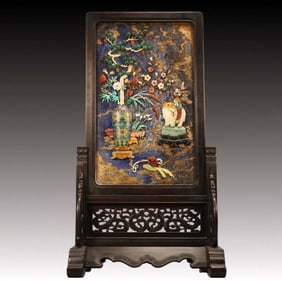 A Huge Zitanwood Inlaid Lapis Lazuli Flower and Elephant Pattern Table Screen,Inlaid Gems,Qing