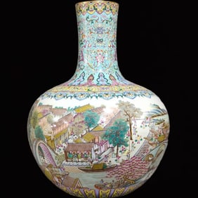 A Huge Famille-Rose Green Glazed Painted Gold Landscape and Figure Pattern Vase