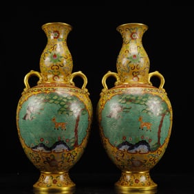 A Pair of Rare Cloisonne Pine,Crane and Deer Pattern Double-Ears Vases