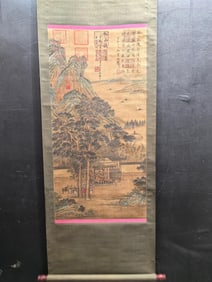 A Chinese Vertical Scroll Ink Painting of Landscape and Figure on Silk,Tang Taizong