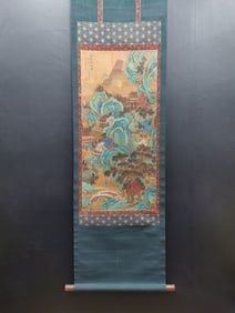 A Chinese Vertical Scroll Ink Painting of Landscape and Figure on Silk,Yan Wengui