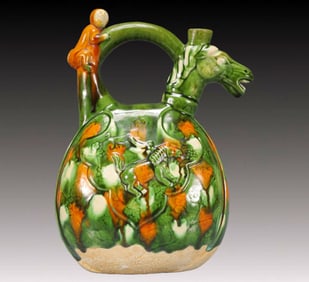 An Exquisite Tang Tri-Color Glazed Pottery Horse Pattern Ewer