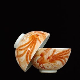 A Pair of Exquisite Iron-Red Glazed Auspicious Cloud and Phoenix Pattern Cups