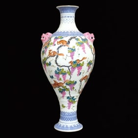 A Rare Blue and White Famille-Rose Painted Gold Squirrel and Grapes Pattern Beast-Ears Vase