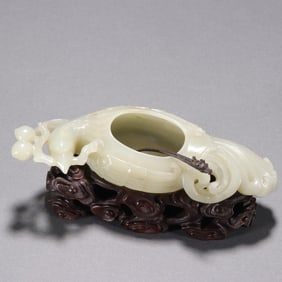 An Exquisite White Jade Phoenix Pattern Water Pot,With Zitanwood Base