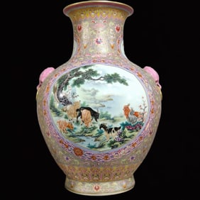 A Huge Enamel Painted Gold Sheep and Deer Pattern Double-Ears Vase