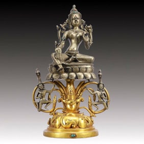 A Solemn Gilt Bronze Statue of Tara,Inlaid Turquoise