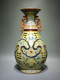 A Huge Famille-Rose Yellow Ground Hollow Lotus Pattern Double-Ears Vase