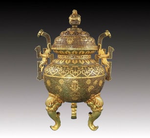 A Huge Gilt Bronze Flower Pattern Ruyi-Ears and Tripod Censer