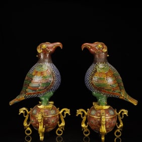 A Pair of Rare Cloisonne Lotus Pattern Parrot Ornaments