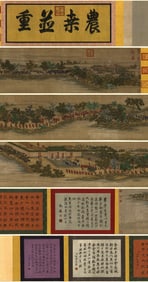A Chinese Hand Scroll Ink Painting of Character and Story on Silk,Lang Shining