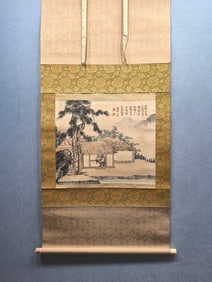 A Chinese Vertical Scroll Ink Painting of Landscape and Figure on Paper,Tang Yin