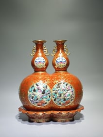 A Rare Coral Red Glazed Painted Gold Hollow Lotus,Flower and Fruit Pattern Vase