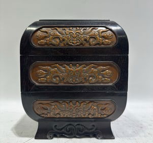An Exquisite Zitanwood Inlaid Boxwood Bats Pattern Box