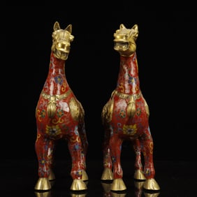 A Pair of Huge Cloisonne Flower Dragon and Phoenix Pattern Horse Ornaments