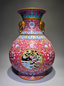 A Huge Famille-Rose Red Ground Painted Gold Lotus Pattern Elephant-Ears Vase