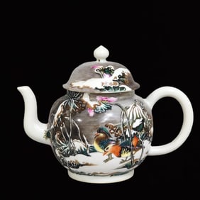 An Exquisite Enamel Mandarin Duck Pattern Teapot,With Poem