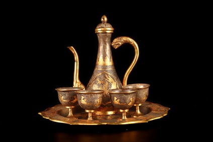 A Set of Rare Bronze Inlaid Gold and Silver Phoenix Pattern Flagon