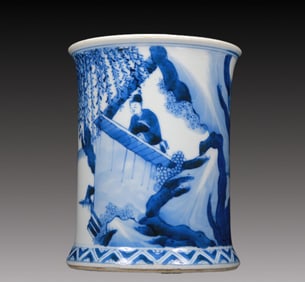 A Gorgeous Blue And White 'Landscape& Figure' Brush Pot
