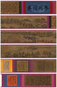 A Chinese Hand Scroll Ink Painting of Character and Story on Silk,Jin Kun&Cheng Zhidao&Fu Longan