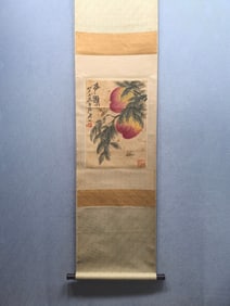 A Chinese Vertical Scroll Ink Painting of Peach on Paper,Qi Baishi