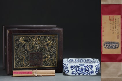 A Rare Blue and White Lotus Pattern Pillow,With Vertical Scroll Painting on Silk