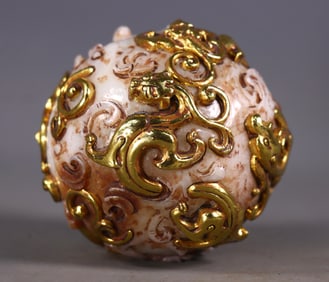 An Exquisite White Jade Cover with Gold Dragon Pattern Ornament