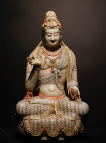 A Rare Marble Painted Color Statue of Avalokitesvara,With Scriptures
