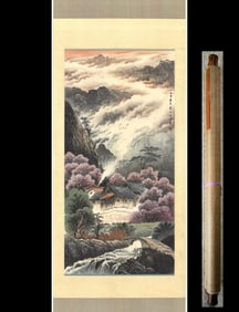 A Chinese Vertical Scroll Ink Painting of Landscape on Paper,Song Wenzhi