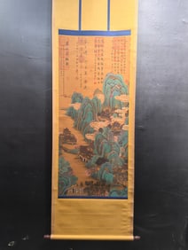 A Chinese Vertical Scroll Ink Painting of Landscape and Figure on Silk,Wang Wei