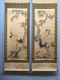 A Pair of Chinese Vertical Scroll Ink Painting of Pine and Crane on Paper,Bada Shanren