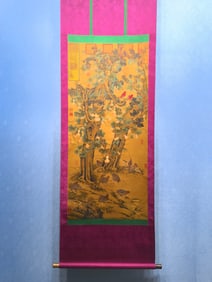 A Chinese Vertical Scroll Ink Painting of Gourd and Bird on Silk,Song Huizong